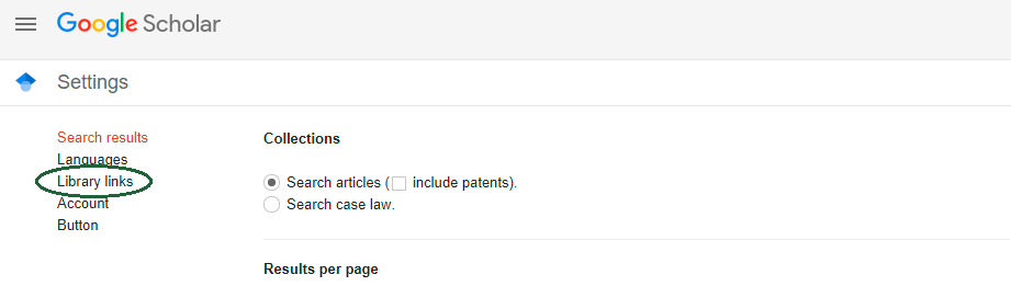 Library Links Circled on Left Hand Side of Page