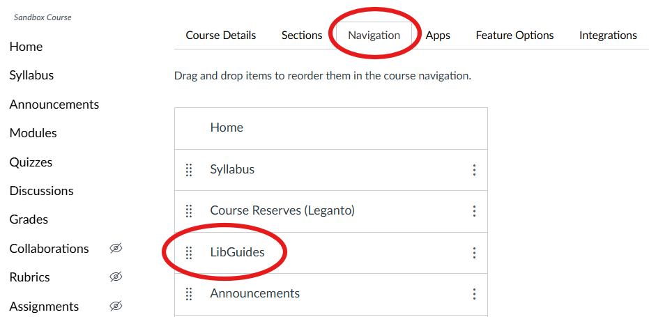 screnshot of navigation tab of Canvas settings with LibGuides moved into a section visible to students