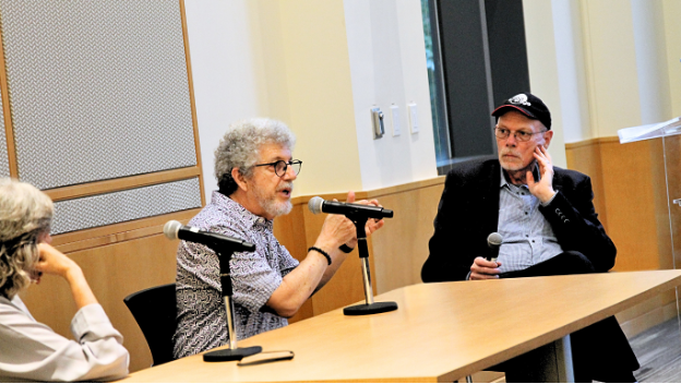 Mary Robinson, Todd London, and Edgar Dobie (left to right) participate in a discussion at the Zelda Fichandler Speakers Event.