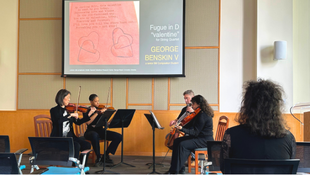 Professor June Huang, Suyua Carrasco, Professor Gerald Fowkes, and Alyssa Cabassa perform at the Spheres of Engagement Project event.