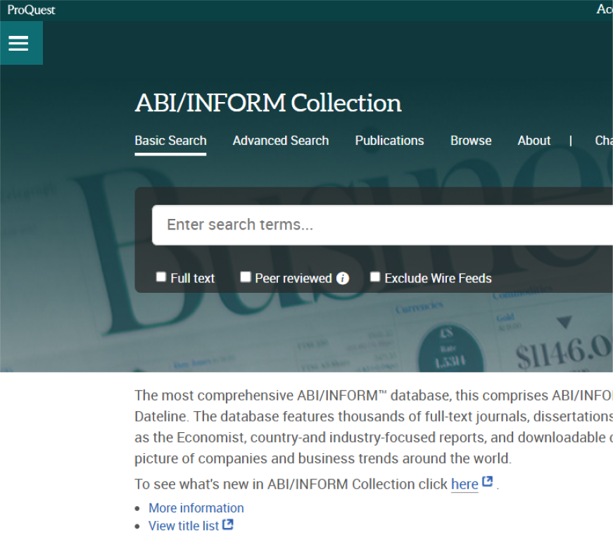 Screenshot of the ABI/Inform Collection database interface with a red arrow pointing to the "Peer Reviewed" filter checkbox