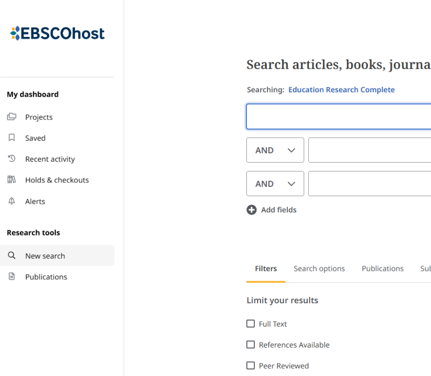 Screenshot of the EBSCOhost database interface with a red arrow pointing to the "Peer Reviewed" checkbox in the search filters