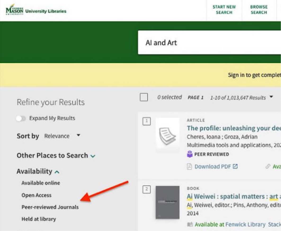 Screenshot of Mason Libraries search results page with an arrow pointing to the "Peer-reviewed Journals" filter checkbox on the left side of the screen