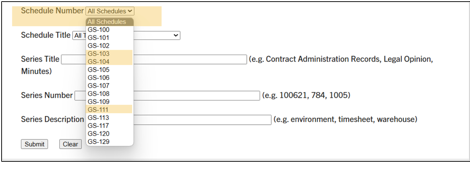 Screenshot of the General Schedule Selector page showing GS-103 Personnel Records, GS-104, and GS-111 College and University highlighted in the schedule dropdown