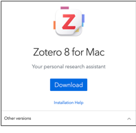 Screenshot of Zotero 8 download page for Mac with Download button and Installation Help link