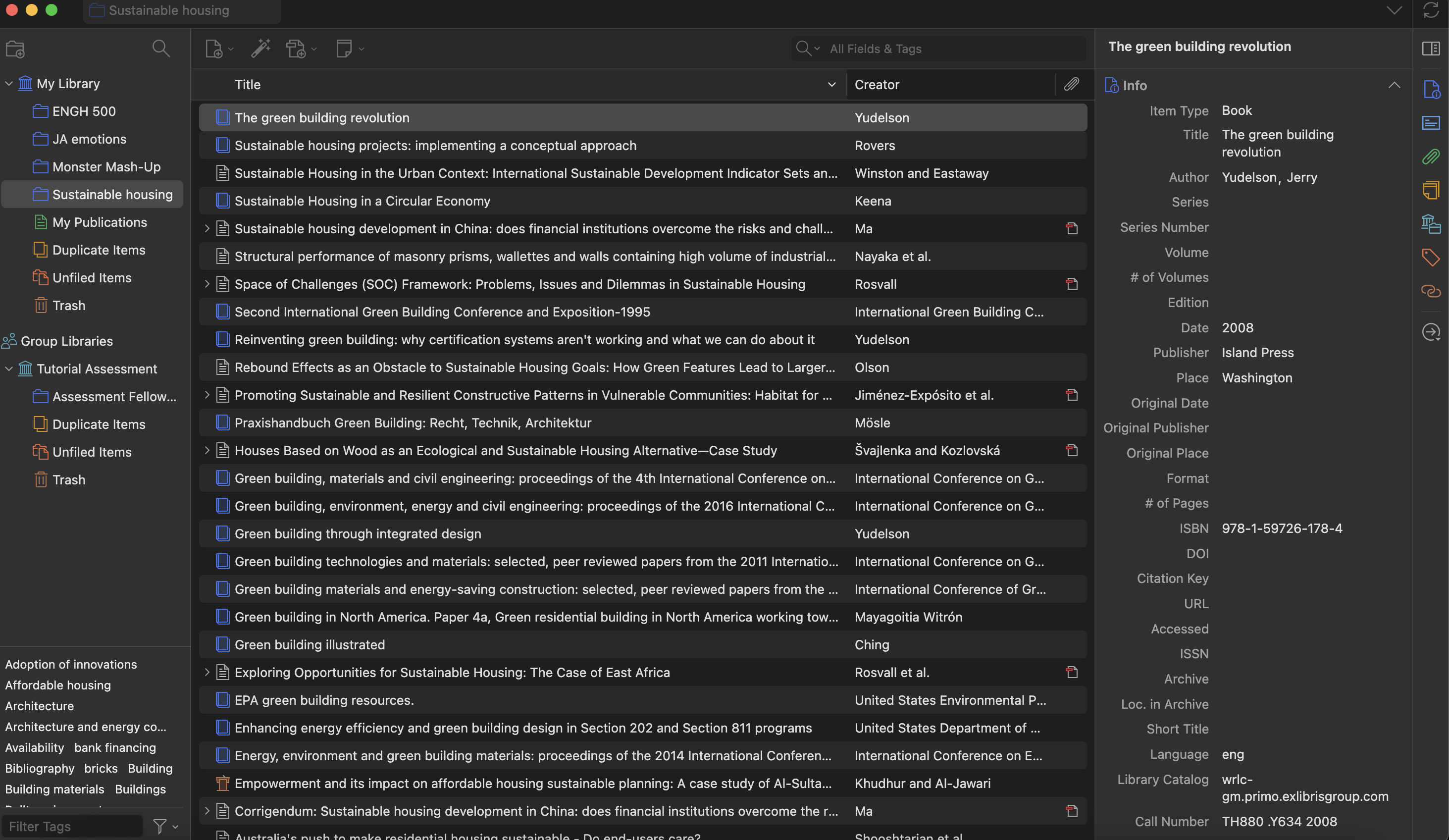 Screenshot of a populated Zotero library showing saved sources