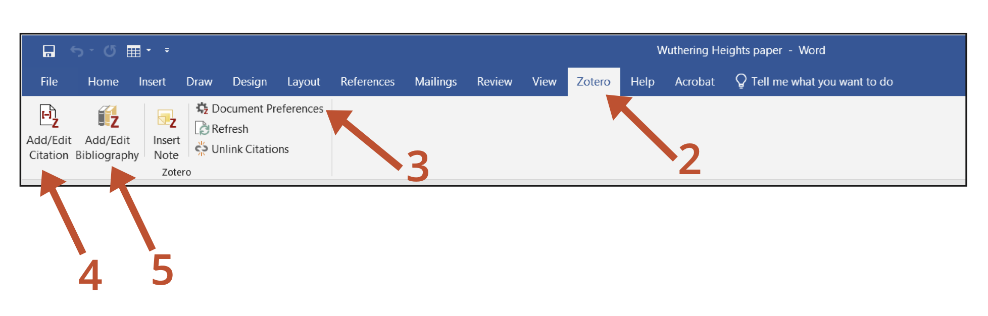 Screenshot of Microsoft Word ribbon showing the Zotero tab with labelled buttons for Document Preferences, Add/Edit Citation, and Add/Edit Bibliography